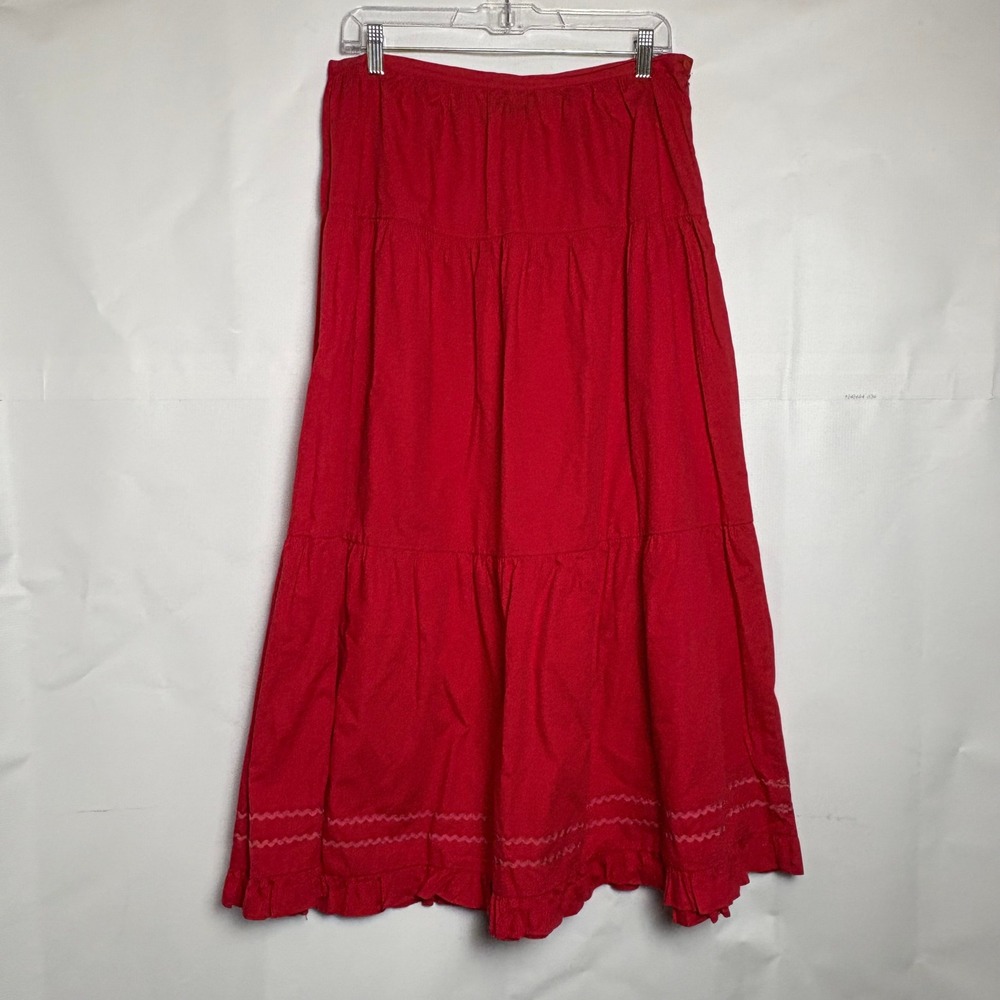 VTG Boutique Europa Red Cotton Tiered Maxi Skirt Rickrack Trim Ruffle Hem Sz 14